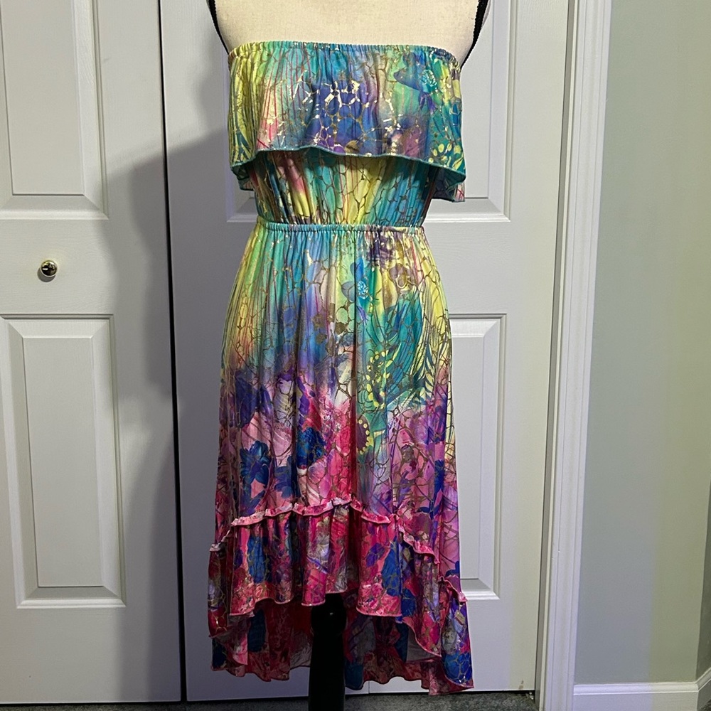 Fairycore Tie Dye Pastel with Gold Metallic Stretchy Strapless High Low Dress